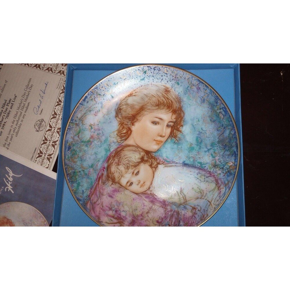 2 Edna Hibel Knowles Collector Mother's Day Plates 1984 and 1990, In Boxes w/COA